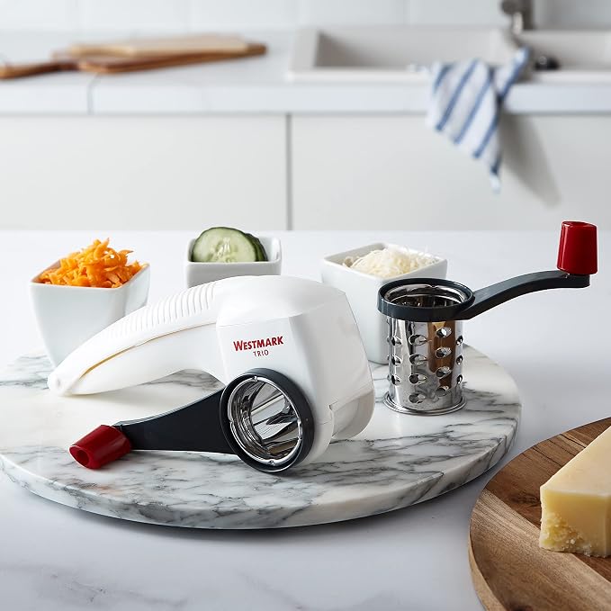 Westmark Multipurpose Rotary Cheese & Vegetable Grater Cutter Slicer Shredder with 3 Interchangeable Stainless Steel Drums (White)