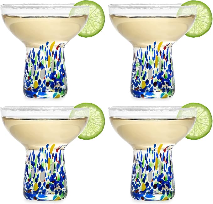 Stemless Margarita Glasses – Set of 4-6oz Luxury Hand Blown Confetti Margaritas, Martini, Cocktails, Water, Wine, Dessert & Champagne Glassware Cinco de Mayo, Hand Blown - Mexican Confetti Glass
