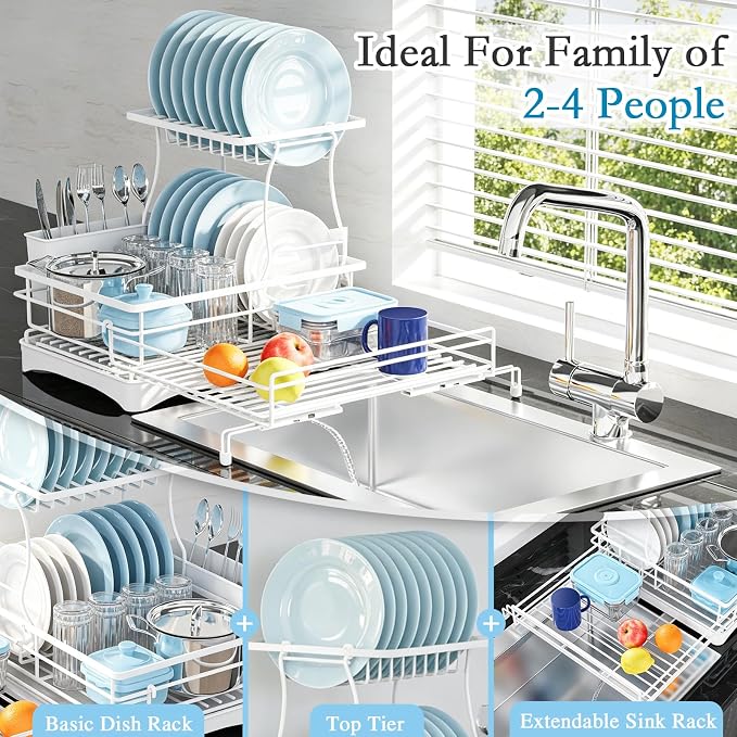 2 Tier Dish Drying Rack, Large Extendable Dish Racks for Kitchen Counter , Dishrack with Drainboard, 2-in-1 Anti-Rust Stainless Steel Dish Drainer with Utensil Holder (White, double of Dish Rack)