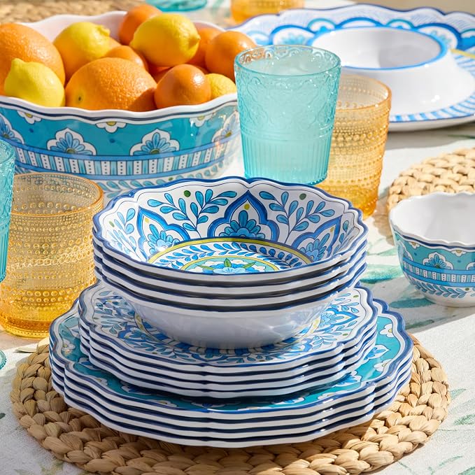 Porto 12 Pc. MELAMINE DINNERWARE SET, SERVICE for 4 – artistically designed Talavera Tile Art, Turquoise Blue Yellow Mandala