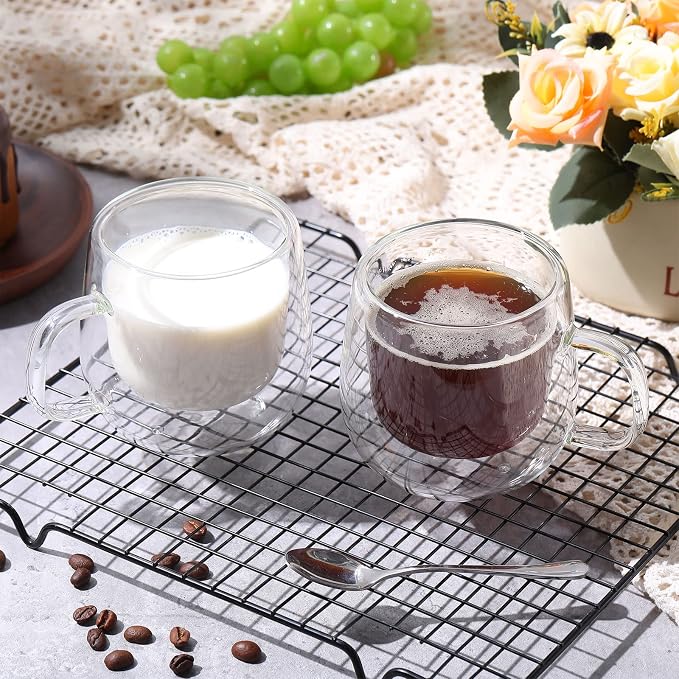 Didaey 8 Pack 8 oz Glass Coffee Mugs Clear Insulated Glass Espresso Coffee Cups with Handle Cafe Mugs Set Borosilicate Glassware Cups for Tea Latte Hot Iced Beverages