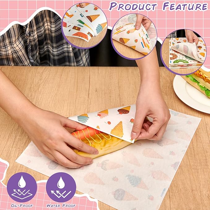 Reallnaive 600 Pcs Summer Food Wax Paper Sheets 12 x 12 Inch Parchment Deli Tissue Paper Sandwich Wrapping Sheets Food Basket Liners for Kitchen Restaurant Baking Supplies, 6 Styles