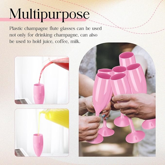 Maxcheck 24 Pcs Champagne Flutes Bulk Acrylic Toasting Drinking Flute Unbreakable Goblet Champagne Cups 6 oz Plastic Wine Glasses for Mother's Day Wedding Bridal Shower Anniversary Party (Pink)
