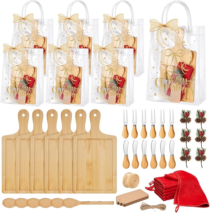 Acellegic 6 Sets Christmas Cheese Cutting Board Gift Set, Bamboo Charcuterie Board with Fork Spoon Knives Towels Bags Tags Ribbon Christmas Kitchen Gifts for Bridal Baby Shower Housewarming Party