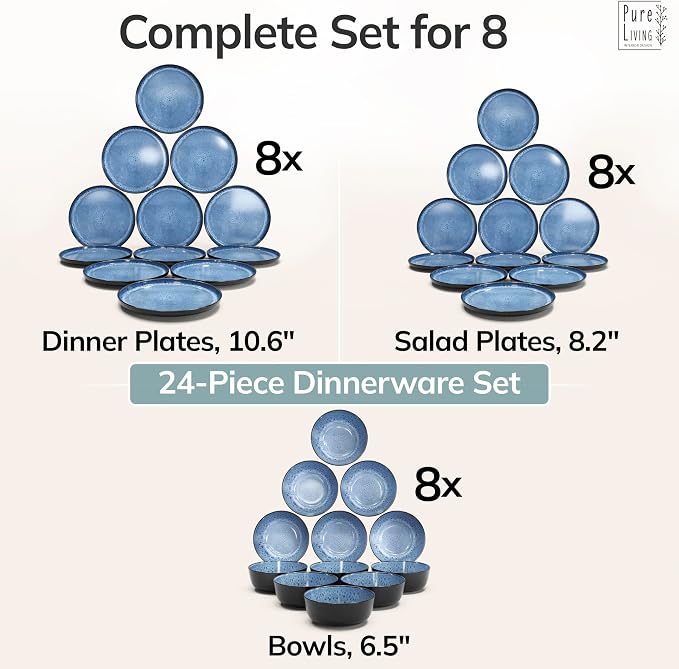 24 Piece Stoneware Dinnerware Set for 8 - Handmade Reactive Glaze Plates and Bowls Set - Chip & Scratch Resistant Dish Set - Dishwasher Microwave Safe - Deep Blue