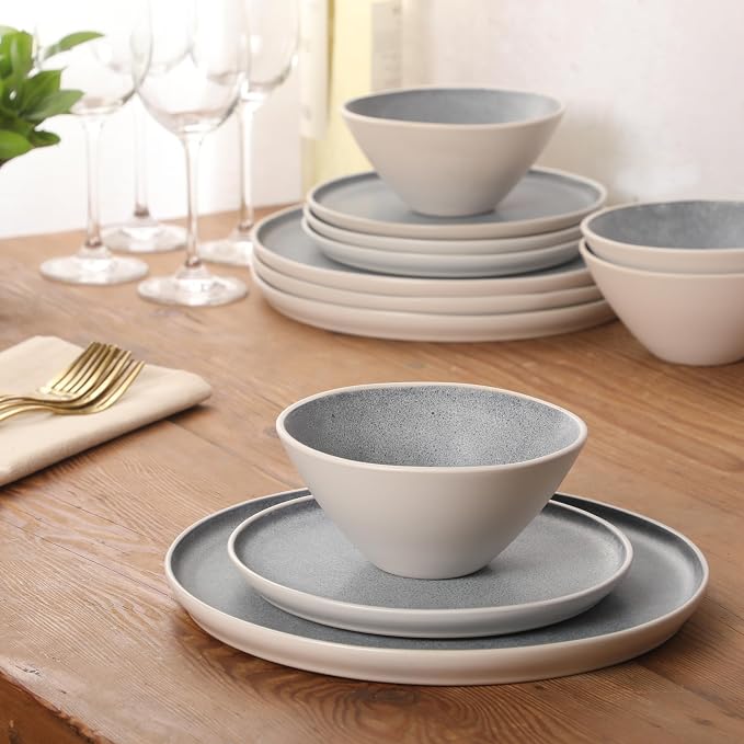 Gibson Elite Coastal Forest Plates and Bowls Sets, 12-Piece Stoneware Dinnerware Sets, Triple Reactive Glaze Dish Set - Grey and Cream White