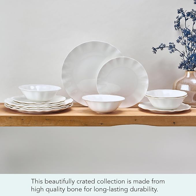 Mikasa Elodie Scalloped 12 Piece Bone China Durable Chip Resistant Lightweight Dinnerware Set, Service for 4, White