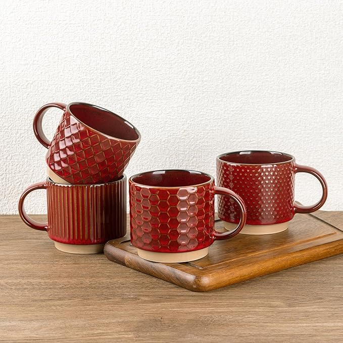 GBhome 15 OZ Large Stackable Coffee Mugs, Ceramic Coffee Mugs with Texture Patterns for Man,Woman,Dad,Mom, Modern Coffee Mugs Set of 4 for Latte/Cappuccino/Cocoa. Dishwasher&Microwave Safe