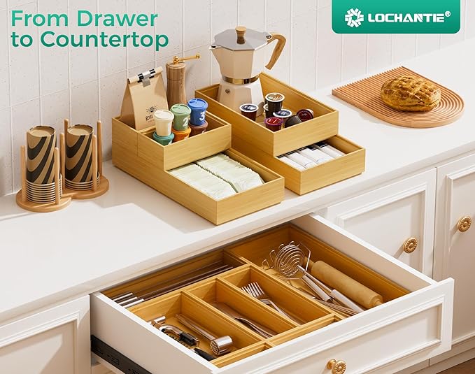 Bamboo Kitchen Drawer Organizer Boxes – 14" x 5" Stackable Wood Silverware Utensil Tray for Drawers Bins Cutlery & Flatware Storage – Wooden Pantry Organizers Set of 2 for Junk Drawer Bathroom Rv