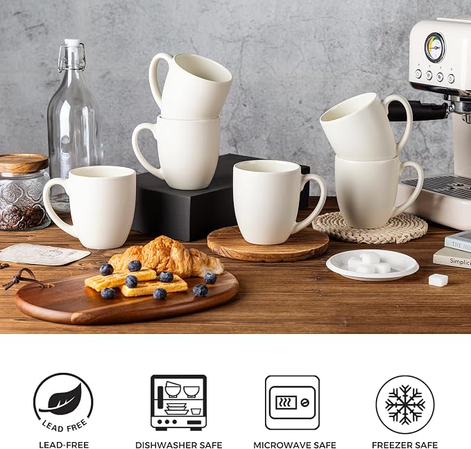 GBhome 16oz Coffee Mugs Set of 6, Large Ceramic Coffee Mugs for Man, Woman, Dad, Mom, Modern Coffee Mugs Set with handle for Tea/Latte/Cappuccino/Milk/Cocoa. Dishwasher&Microwave Safe,ivory