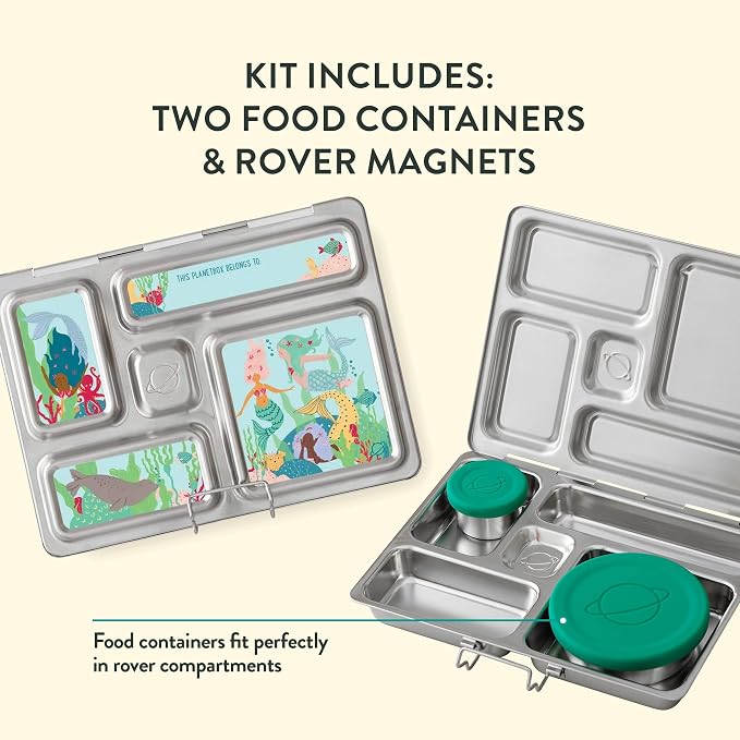 PlanetBox Rover Stainless Steel Bento Box Style Lunch Box Kit for Kids with 5 Compartments, Includes Insulated Lunch Bag, Leakproof Food Containers and Matching Mermaid Lagoon Magnets