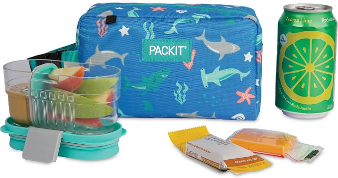 PackIt Freezable Small Insulated Snack Box, Sea Shark, with EcoFreeze Technology (Built-in Ice Pack), Mini Cooler or Small Lunch Bag, For Fresh Snacks On the Go, for Work, Gym, or Travel