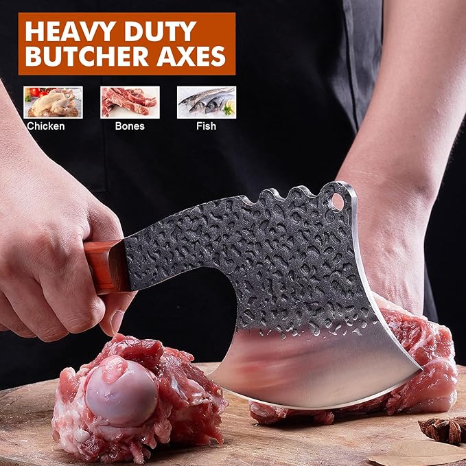 OPAYLY Meat Bone Cleaver Knife Heavy Duty Bone Choppe for Meat Cutting Hand Forged Butcher Axes with Cover cleavers High Carbon meat cleaver for Kitchen Outdoor Camping BBQ gifts for men
