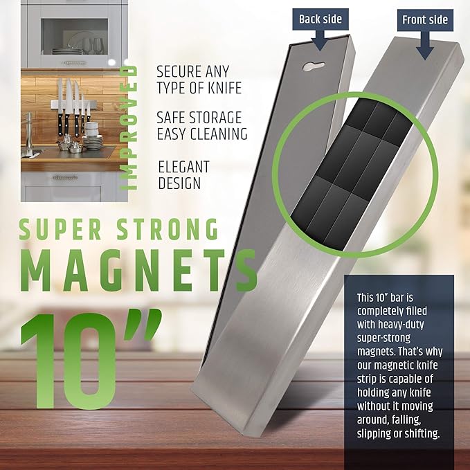 HMmagnets Premium 10 Inch Stainless Steel Magnetic Knife Holder For Wall - Professional Magnetic Knife Strip - Space-Saving Knife Rack/Knife Bar With Powerful Magnetic Pull Force (Upgraded Version)