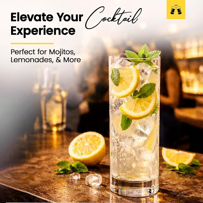 LEMONSODA Premium Highball Glass Set | Tom Collins Glasses 12oz Set of 6 | Lead-Free Glass with Heavy Base | Dishwasher Safe Cocktail Glasses for Mojito Whiskey Iced Tea | Modern Durable Bar Glassware