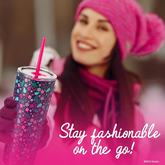 Dragon Glassware x Barbie Vacuum Insulated Tumbler, 24 oz - Christmas | Stainless Steel Tumbler with Straw & Lid; Double Walled Barbie Tumbler; Fits Cup Holders; Official Barbie Merch