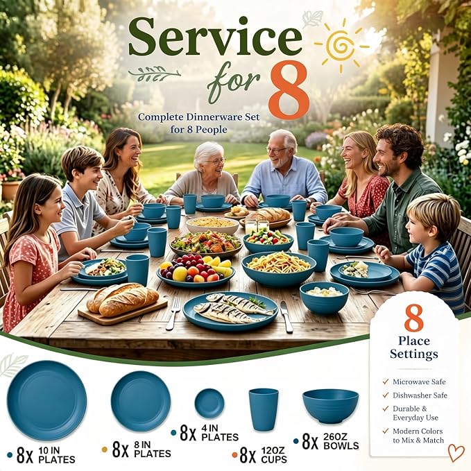 Wrova Kitchen Plates and Bowls Set Service for 8, 40-Piece Wheat Straw Dinnerware Sets Unbreakable Dinner/Salad Plates/Cereal Bowls/Sauce Cups/Cups Set, Dishwasher Safe Daily Living Dinnerware- Blue