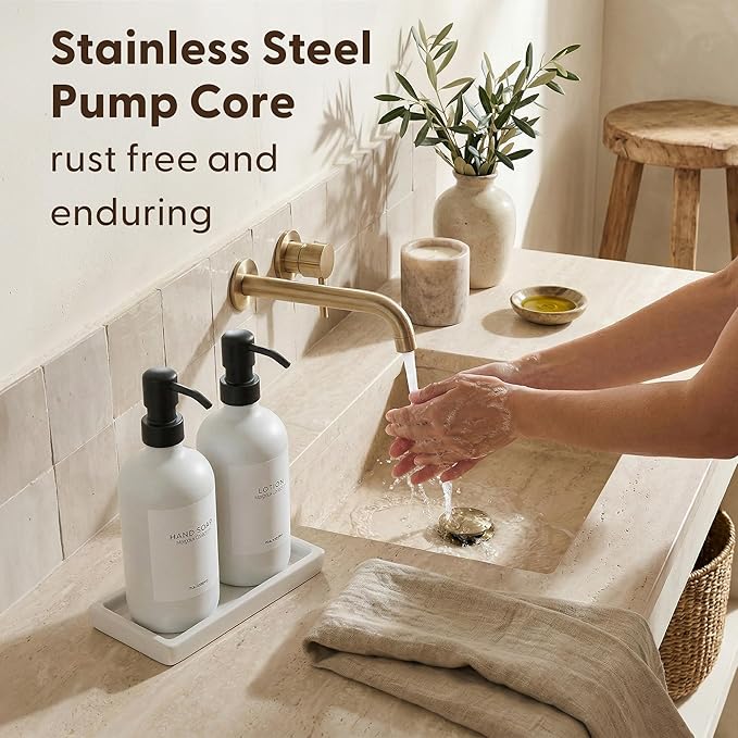 MaisoNovo Bathroom Soap Dispenser Set - Soap and Lotion Dispenser Set with White Soap Dispenser, Black Pumps & Concrete Tray