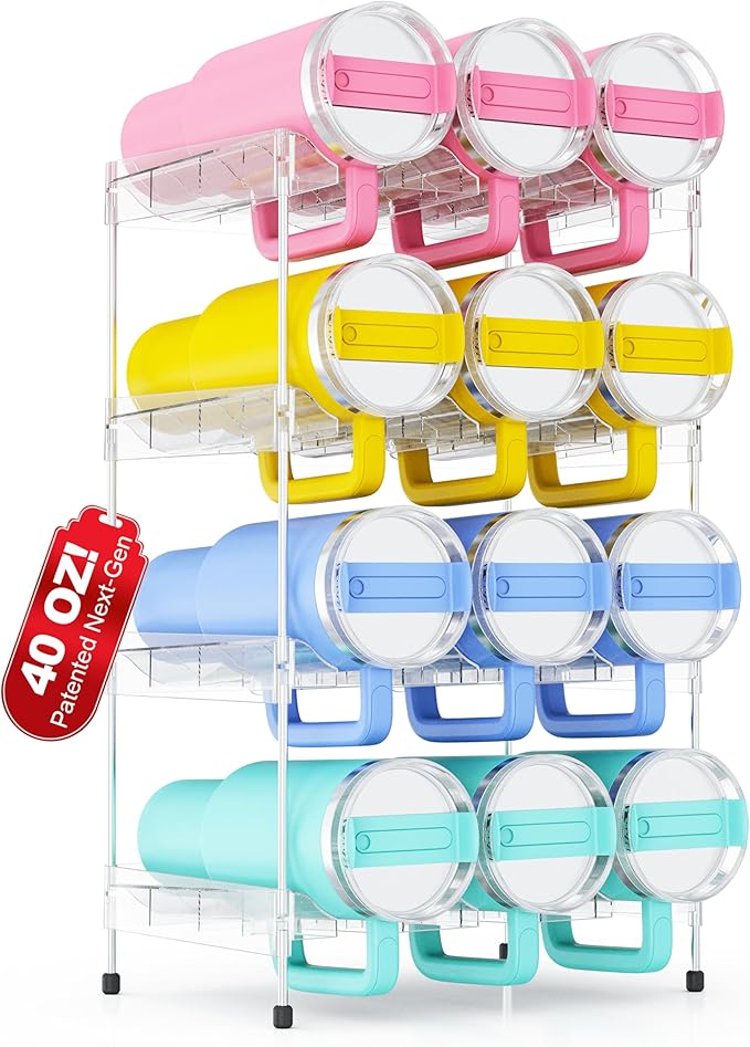 Reusable Stackable with Handle Compartment Water Bottle Tumbler Organizer for Stanley 40oz with Handle Cup, Stanley Accessories for Pantry, Cabinet & Kitchen Organization and Storage,4 Tier Hold 12