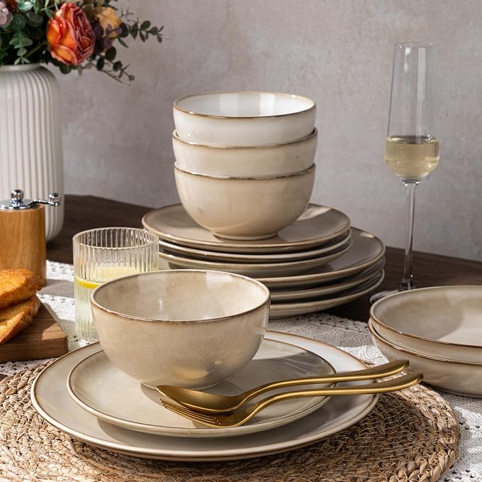 GBHOME 24 Pieces Double Bowls Dinnerware Sets for 6, Stoneware Plates and Bowls Set with Reactive Glaze, Scratch Resistant Stoneware Dishes Set, Dishwasher & Microwave Safe