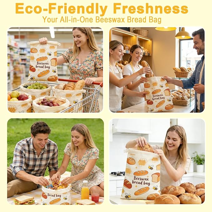 2 Pack Natural Beeswax Food Wraps, Reusable Organic Cotton Bread Bags with Honeycomb Texture, Plastic Free Storage for Sourdough, Freezer Safe, 12.6x17 Inches | Longer freshness, Food-safe contact, Self-sealing design, Plastic-free, Easy to clean, Brea...