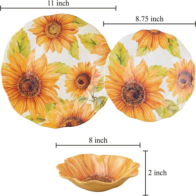 UPware 12 Piece Sunflower Melamine Dinnerware Sets, Outdoor Dishes Set, Plates and Bowls Sets, Service for 4, Yellow