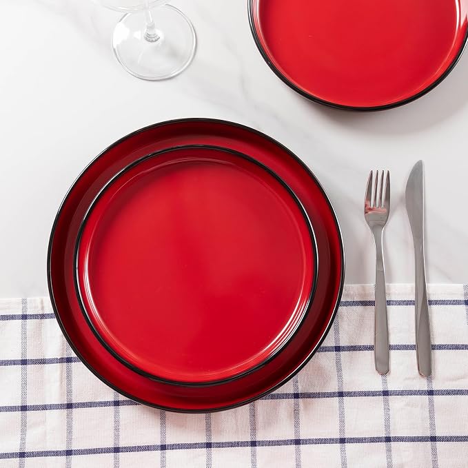 12-piece Dinnerware Sets Service for 4 - Dinner Plate, Dessert Plates, Cereal Bowls, Lightweight Melamine Plates and Bowls Sets, RV, Kitchen Dishes for Outdoor Use, Red and Black