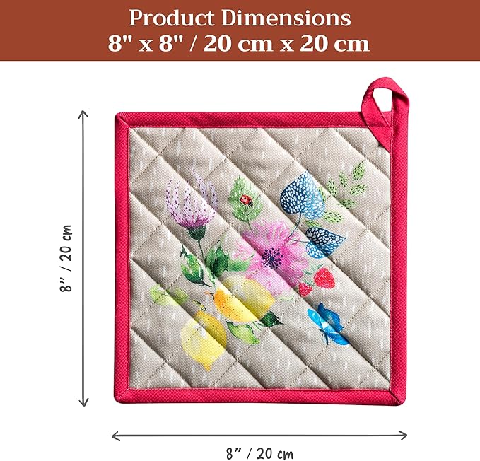 Maison d' Hermine Pot Holders 100% Cotton Heat Resistant Potholders 8" x 8" Hot Pads with Loop BBQ Cooking Gifts for Mothers Day Handling Hot Pans Spring/Summer (Pack of 2, Jardin D'Ete - Fog)