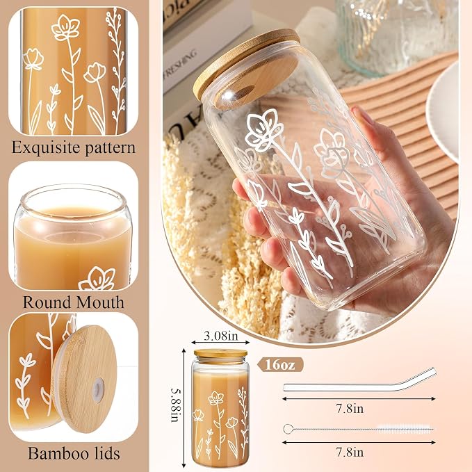 Mumufy 1 Pack Glass Cups Gift Aesthetic Cute Glass Cup Tumbler Flower Iced Coffee Mugs 16 oz with Bamboo Lid & Straw, for Wedding Birthday Bridesmaid Mom Baby Shower