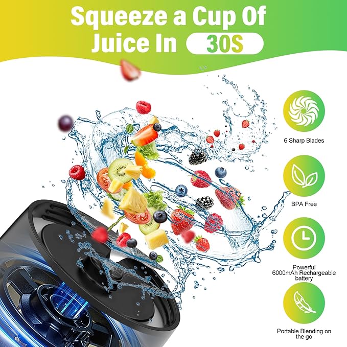 Portable Blender, 360W Personal Blender for Shakes and Smoothies for Kitchen, 24 Oz BPA Free Traveling Juicer Cup and Lid with 6 Blades, Self Cleaning Portable Juicer for Kitchen/Travel/Gym, Black