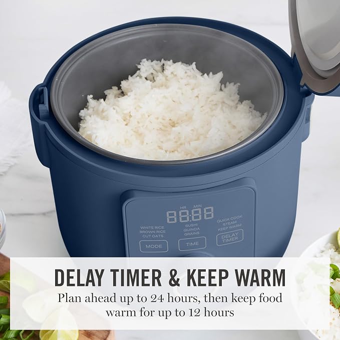Martha Stewart Rice Cooker, 4 Cup (Uncooked) / 8 Cup (Cooked), Ceramic Non-Stick Removable Pot, Keep Warm, Measure Markings, Steam Basket, Brown & Sushi Rice, Quick Cook, Quinoa, Grains, Oats, Indigo Blue