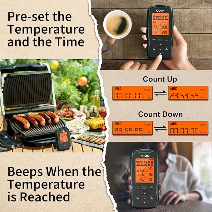 YIOU Wireless Meat Thermometer for Cooking, Digital Meat Thermometer with 4 Probes, 500FT Ultra Accurate & Fast Food Thermometer for Oven, Smoker, Green