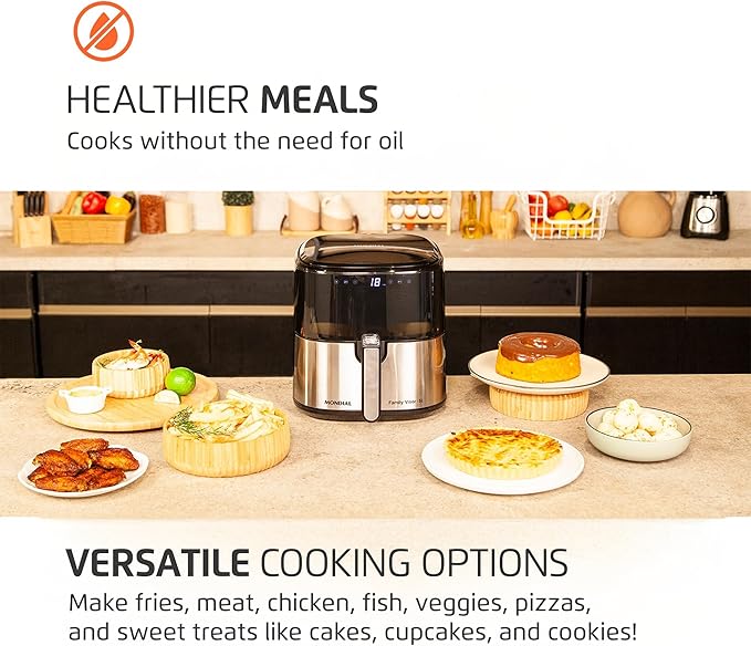 Mondial - Air Fryer Digital Visor Inox 5.3QT Capacity - High Power & Elegant Stainless Steel Finish - Black & Inox