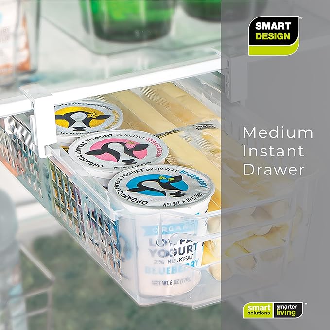 Smart Design Adjustable Pull Out Refrigerator Drawer - Medium, Set of 3 - Extendable Rails and Handle - BPA Free - Holds 15 lbs - Fridge Bin, Freezer, Pantry Food Storage Organizer - Kitchen - Clear