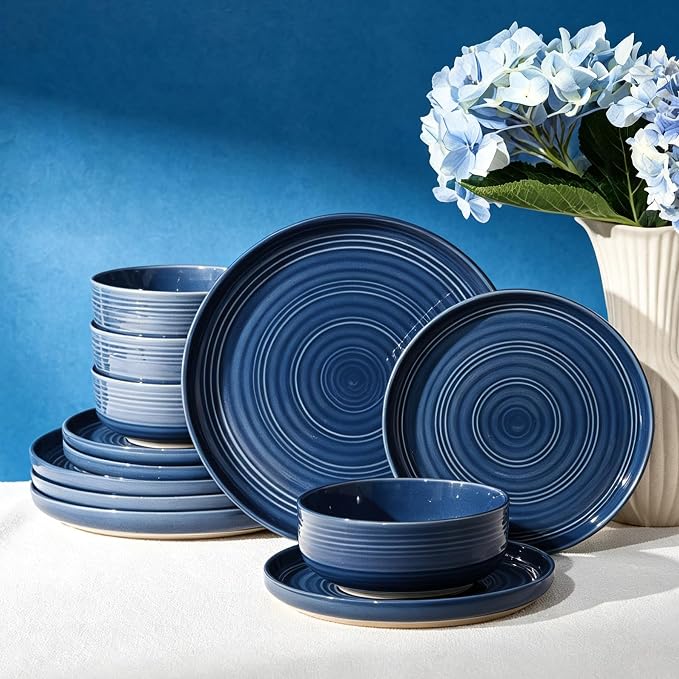 12-Piece Stoneware Dinnerware Sets, Service for 4 - Farmhouse Coupe Plates and Bowls with Speckles & Spirals - Chip & Scratch Resistant, Microwave & Dishwasher Safe, Abysses Blue