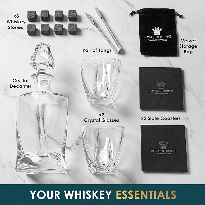 Whiskey Decanter Set by Royal Reserve – Whiskey Gifts Set - Twisted Bourbon Decanter 24 oz with Glasses, Whiskey Stones, Coasters, Tongs – Birthday Gift for Men, Husband, Him, Dad, Boyfriend