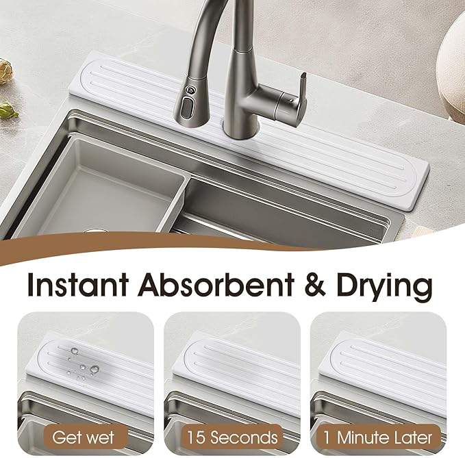 Snuggery Diatomite Faucet Mat Splash Guard - Quick Dry Stone Mat Sink Tray 23.6"x4" – Super Absorbent Non-Slip Faucet Drip Mat Around Faucet – Drying Stone Protector for Kitchen Sink Bathroom