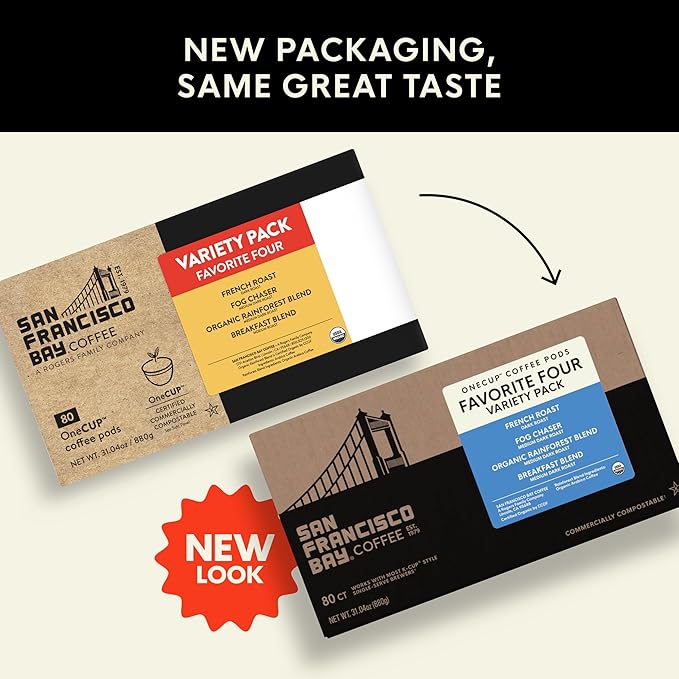 San Francisco Bay K-Cup Coffee Pods Favorite Four Variety Pack (80 ct), Includes French Roast, Fog Chaser, Organic Rainforest, & Breakfast Blend, Commercially Compostable Single-Serve Coffee Pods
