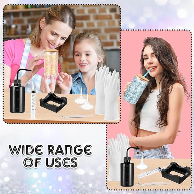 Datanly 10 Pcs Snow Globe Tumbler Supplies for Glitter, Snow Globe DIY Kit-Plastic Squeeze Bottle Silicone Cup Cradle Funnel Tweezers Bent Syringe for Cup Making Tumbler Craft Supplies (Black,White)