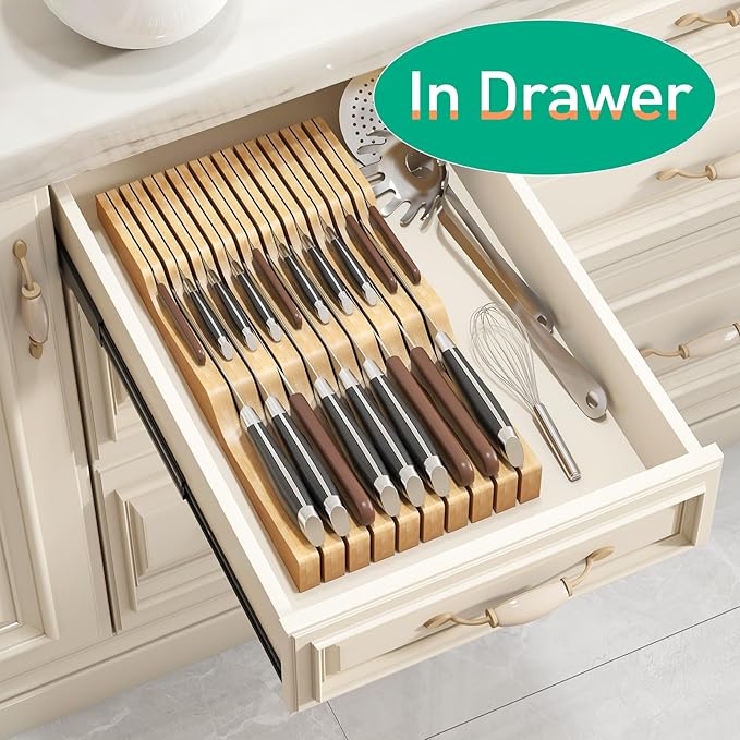 Large Drawer Knife Organizer Insert, Bamboo Wood Knife Holder, Knife Block Hold up To 19 Knives