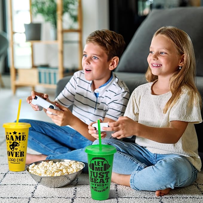 Kochorie 12 Pieces Video Game Plastic Cups 24 Ounces Gaming Party Cups with Lids and Straws Mixed Colors Video Game Tumbler Cups for Birthday Party Video Game Party Supplies Tableware