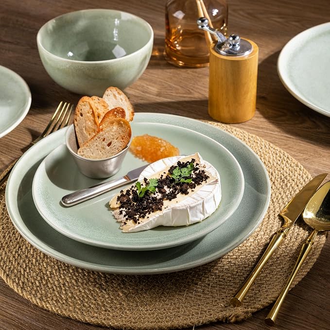 AmorArc Ceramic Dinnerware Sets for 6, 18 Pieces Handpainted Plates and Bowls Set, Scratch Resistant Stoneware Dishes Set, Dishwasher & Microwave Safe, Olive Green