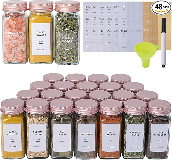 48 Pcs Glass Spice Jars with Labels and Pink Metal Caps, 4oz Empty Spice Containers with Shaker Lids, Funnel, Pen,Seasoning Storage Bottles for Spice Rack, Cabinet, Drawer