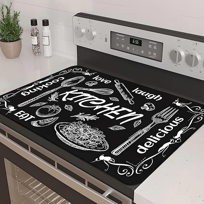 Decorative Stove Top Covers for Electric Stove 28"x20" – Heat Resistant Glass Cooktop Protector Dish Drying Mat – Non-Slip Rubber Backing Washer Top Cover Waterproof Extra Counter Space (Kitchen 1)