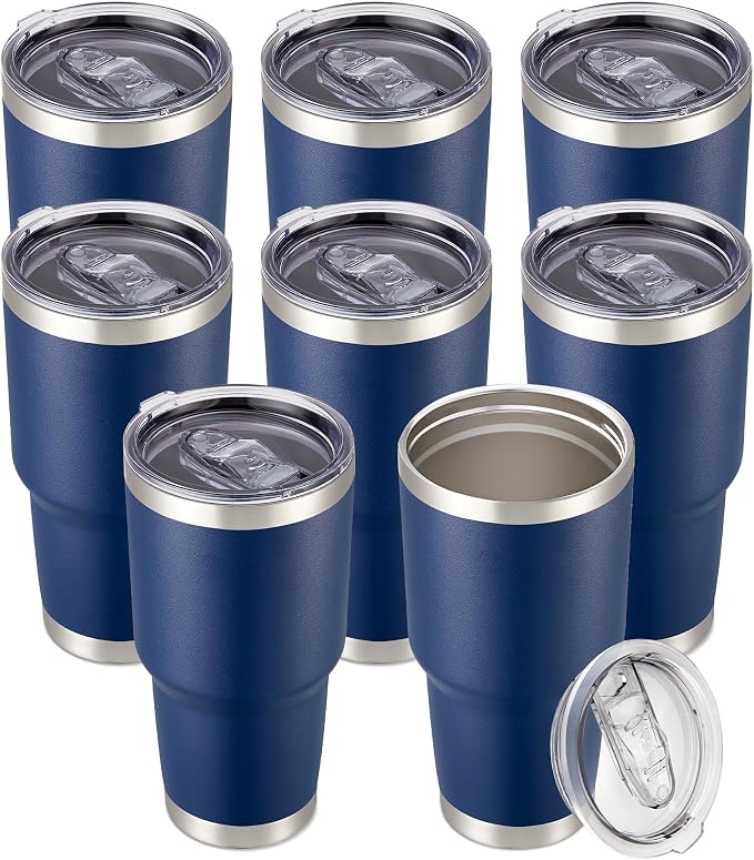 30 oz Tumbler with Lid Stainless Steel Tumblers Bulk Vacuum Insulated Cup Reusable Powder Coated Travel Mug Double Wall Leak Proof Cups Keep Cold Drinks for 12 Hours Navy, Set of 8
