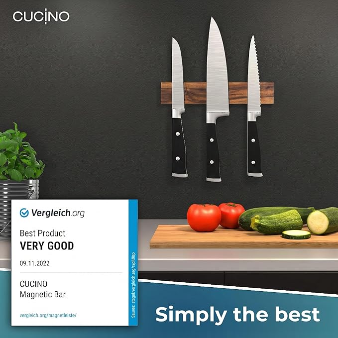 CUCINO Magnetic Knife Holder for wall, 10" no drilling required, includes self-adhesive tape, extra strong for holding knives – Awarded magnet strip – Acacia