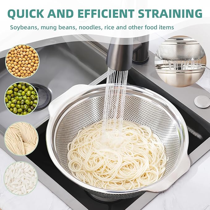 Colander for Kitchen Microporous, 5QT Strainer with Mixing Bowl Large Capacity, Stainless Steel Colander with Handle for Washing Vegetables, Fruit, Rice and Draining Cooked Pasta(2PC)