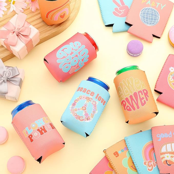 Zhehao 24 Pcs Retro Bachelorette Party Can Coolers Groovy Party Favors Beverage Sleeves Insulated Cooler for Birthday Bridal Shower 70s Disco Decorations Hippies Groovy Supplies, 12 Styles