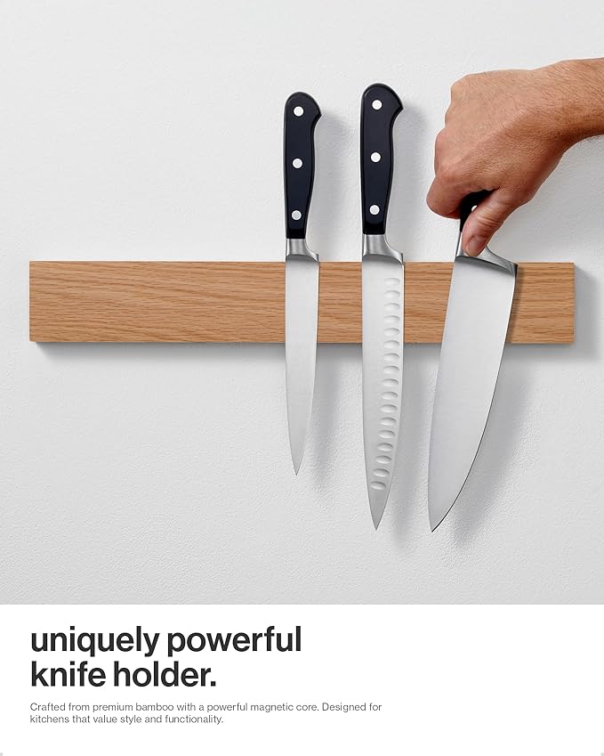 LARHN Magnetic Knife Holder for Wall, 16″ - Powerful Knife Magnetic Strip for Knives, Utensils and Tools - Not Compatible with Refrigerators - 100% Solid Oak