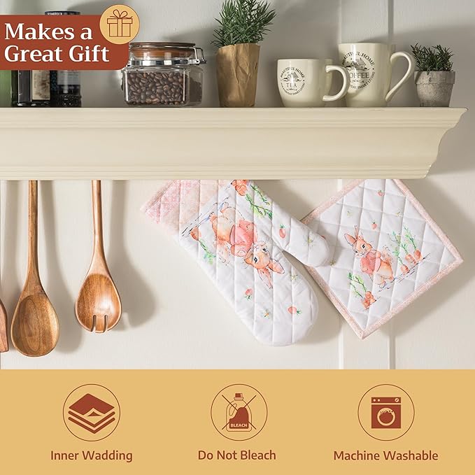 Maison d'Hermine Oven Gloves 100% Cotton Oven Mitt 7" x 13" with Loop Heat Resistant BBQ Cooking Gloves Baking Grilling Gifts for Mothers Day Spring/Summer (Pack of 1, Bunny Party)